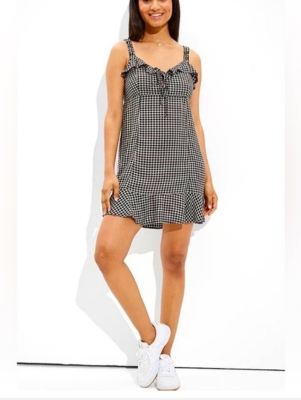 American Eagle Black And White Plaid Ruffle Sleeveless Mini Dress